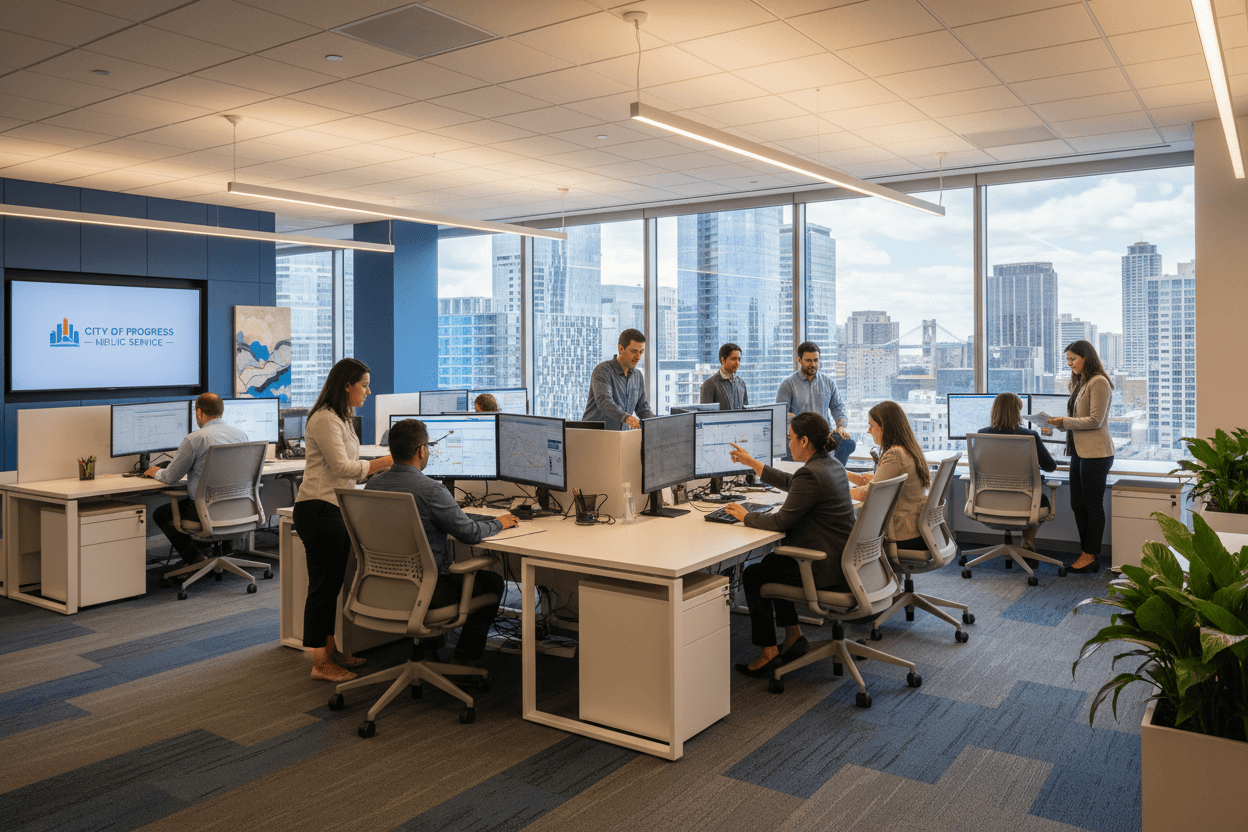 Municipal government staff collaborating in a modern office